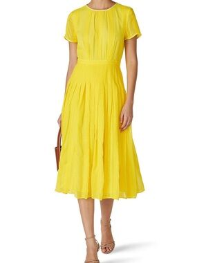 J. Crew Drop Waist Dress Yellow Midi Pleated Knit Embroidered Chiffon 16 XL